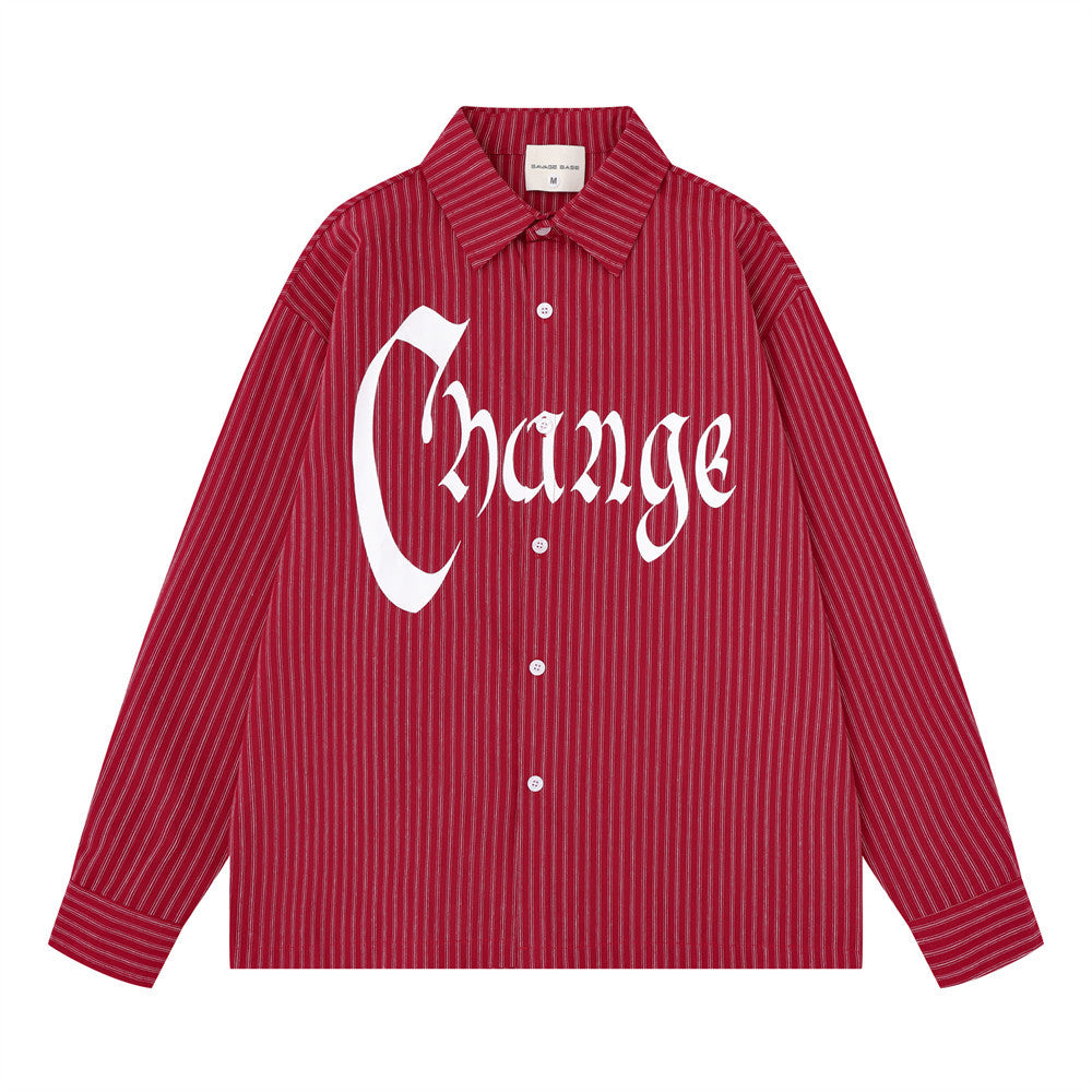 Oversized red and white pinstripe long-sleeve button-up shirt with Gothic Change print on front and white graffiti illustrati