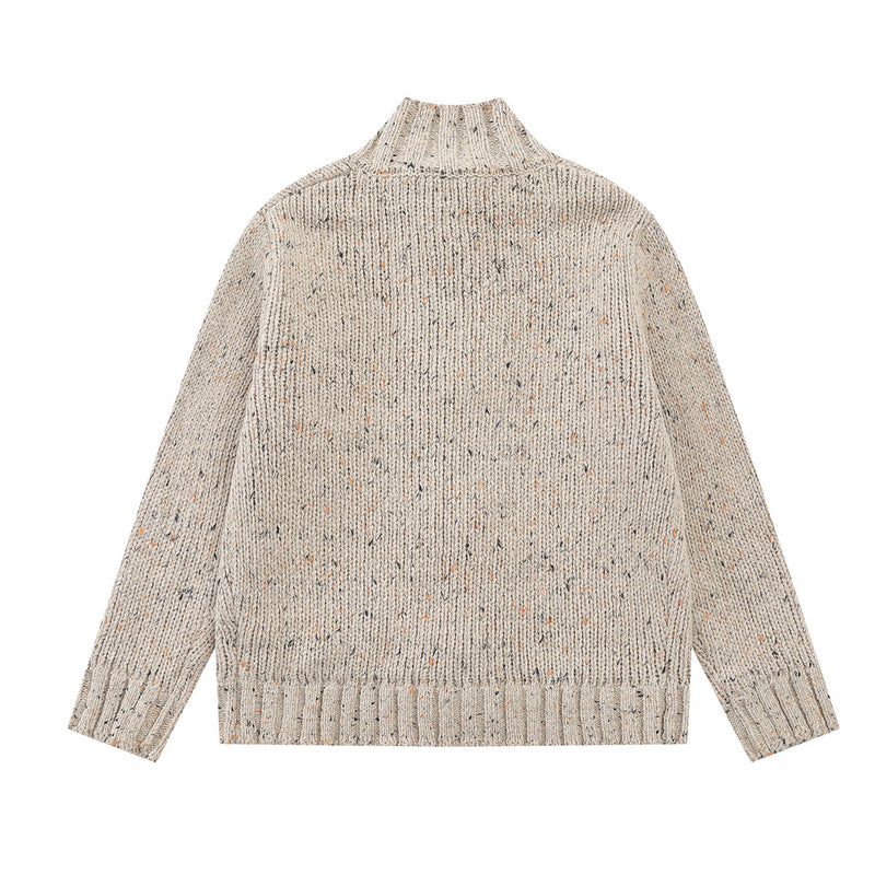 Chunky Knit Cardigan Sweater with Leather Buckle Closure, Mock Neck