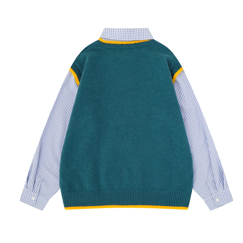 Cat Sweater for Humans – Layered Knit Vest & Plaid Shirt Two-Piece Look