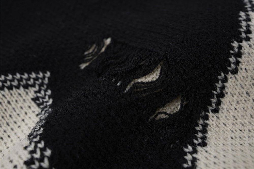 Men Crew Neck Sweater Oversized Star Knit Distressed Colorblock