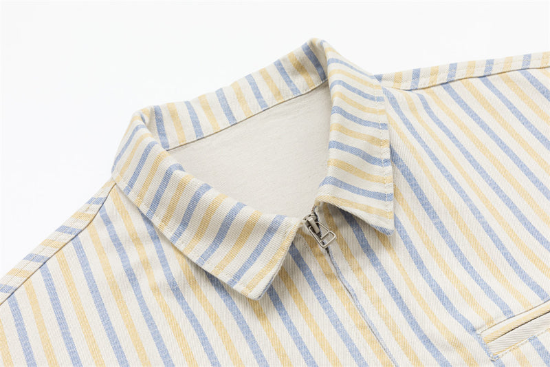 Striped Zip-Up Workwear Jacket – Relaxed Fit Retro Shirt Collar Outerwear