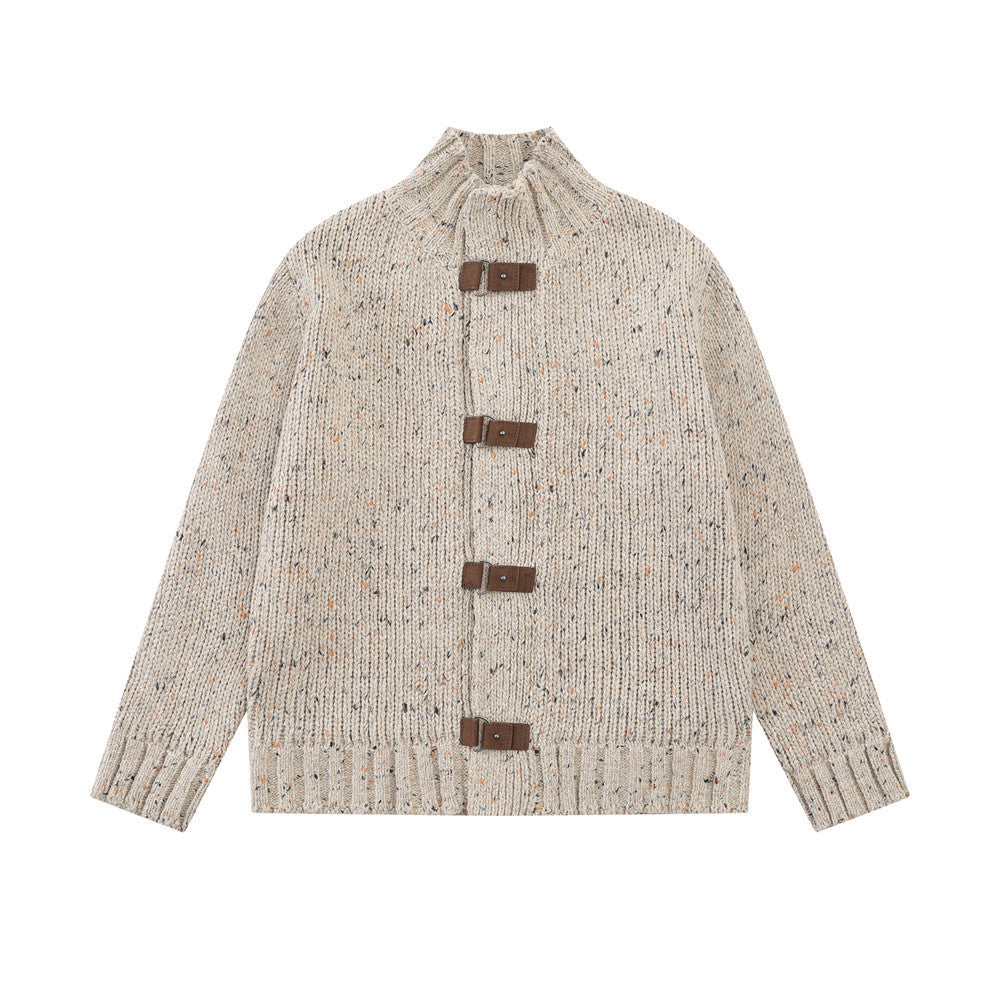 Cardigan en maille à col montant – Pull homme coupe décontractée avec fermeture à boucles en cuir