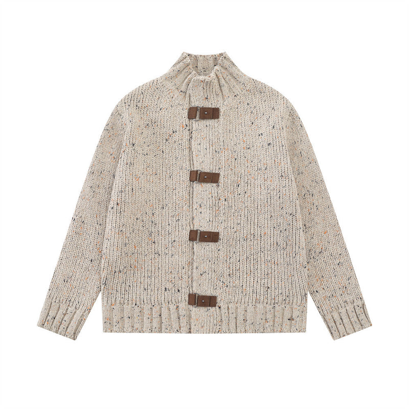 Cardigan en maille à col montant – Pull homme coupe décontractée avec fermeture à boucles en cuir