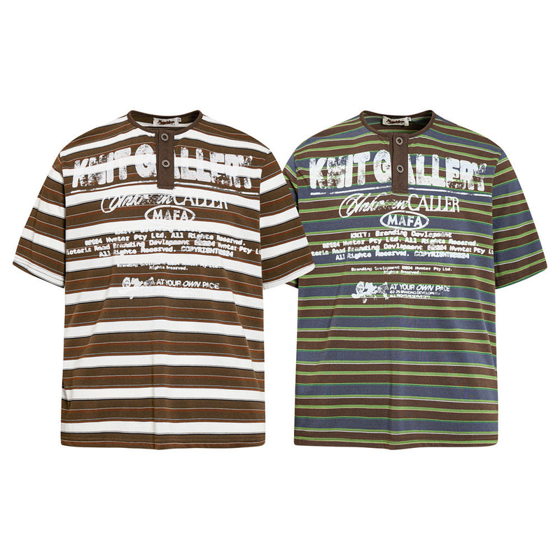 American Vintage Striped Henley Graphic T-Shirt – Oversized Short Sleeve