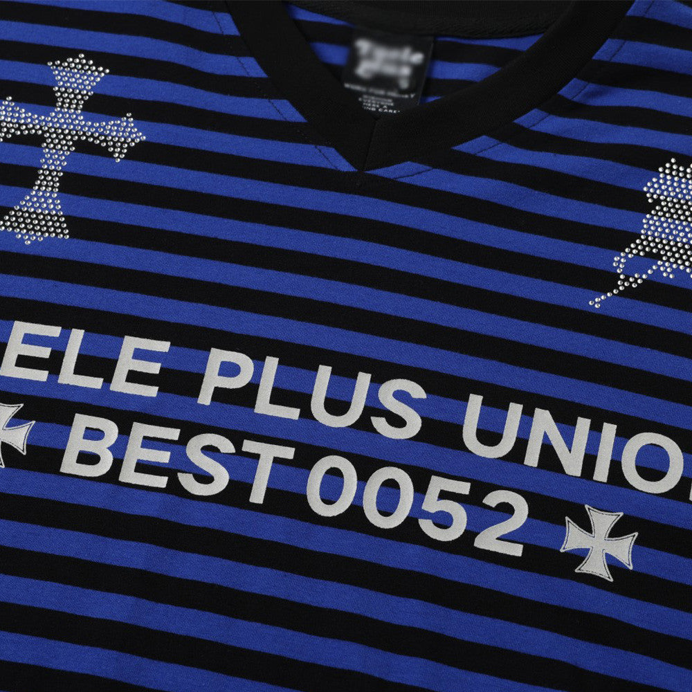 Men's Striped Long-Sleeve Shirt with Rhinestone Cross & Pegasus Graphic Print