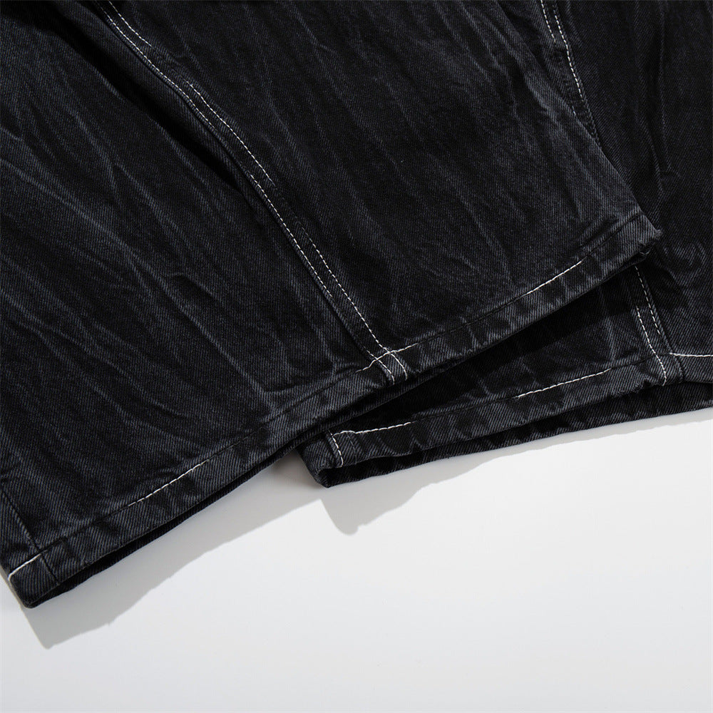 Crinkle-Washed Black Denim Shorts – Wide Leg Streetwear Fit