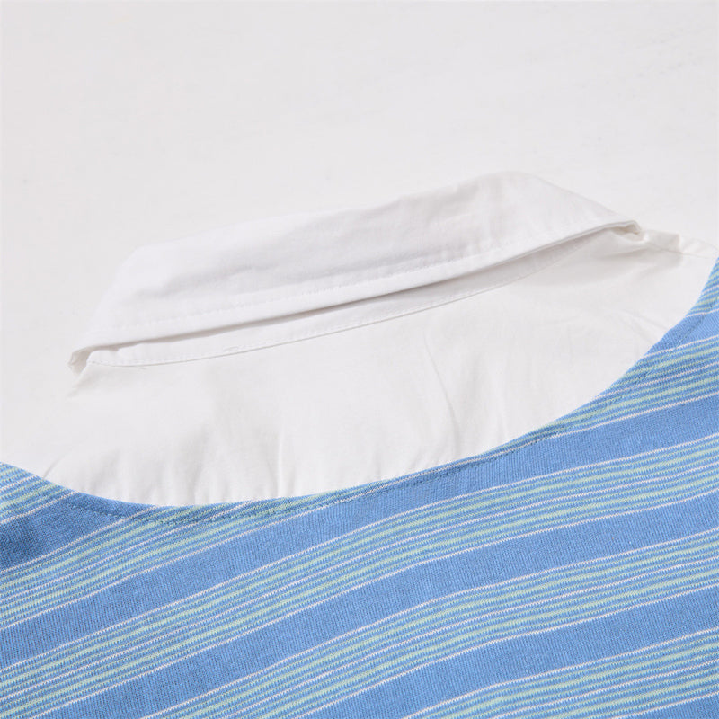Striped Faux Two-Piece Polo Collar Long Sleeve T-Shirt