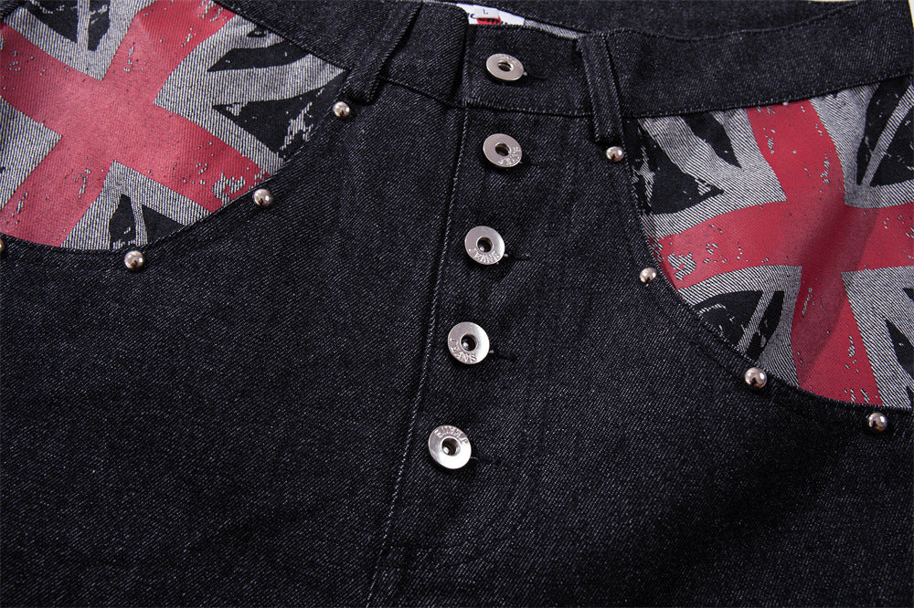 Wide-Leg Denim Jeans with Union Jack Print & Button Fly