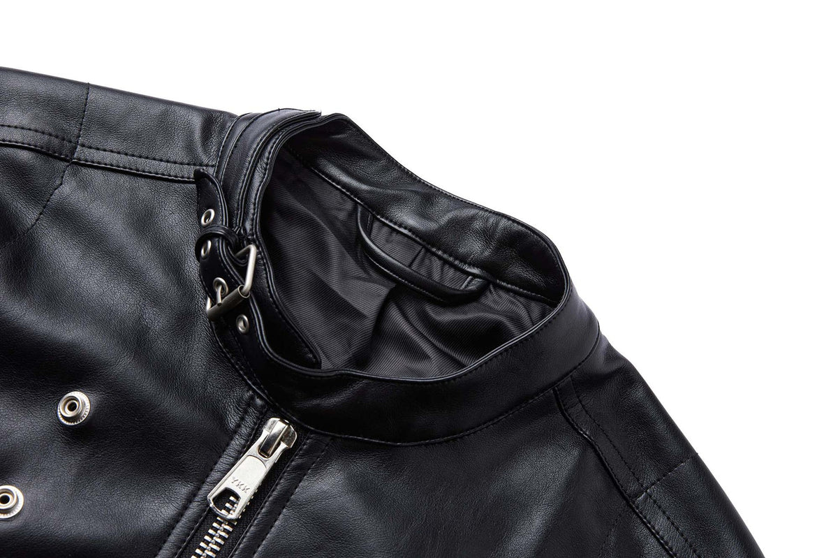 Black PU Leather Moto Jacket – Vintage Biker Style with Stand Collar & Silver