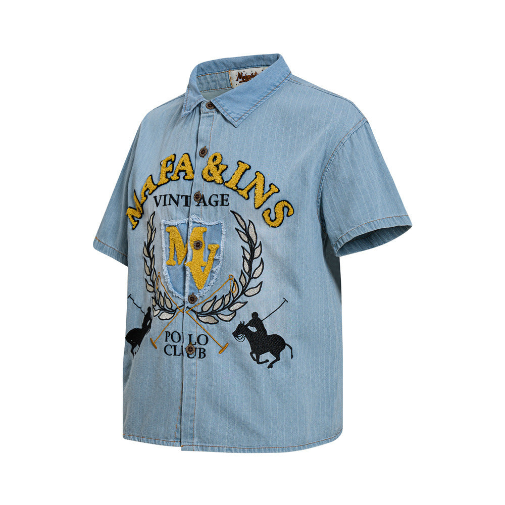 Vintage Polo Club Badge Embroidered Denim Short Sleeve Shirt