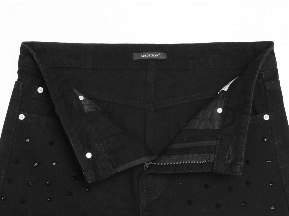 Schwarze Nieten-Wide-Leg-Flare-Jeans für Herren – Retro-Hippie-Denim