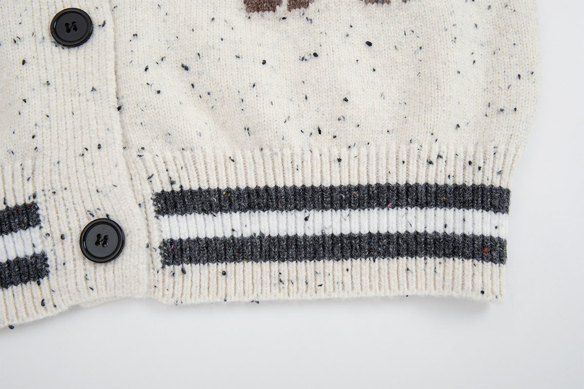 Cartoon Cat Jacquard Knit Cardigan Sweater – Varsity-Trim Button-Up