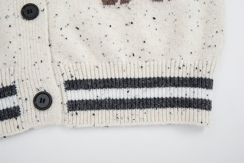 Cartoon Cat Jacquard Knit Cardigan Sweater – Varsity-Trim Button-Up
