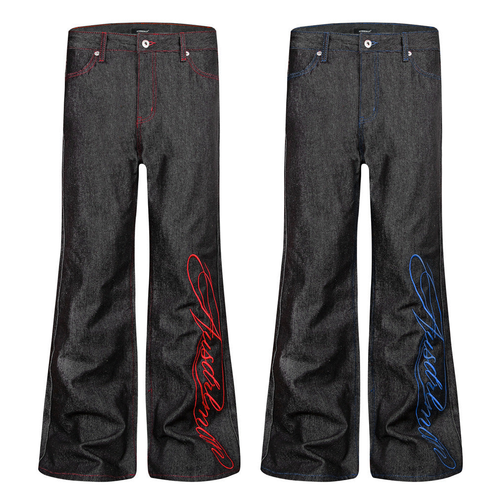 Jean noir homme bootcut avec broderie script – Denim à jambes évasées