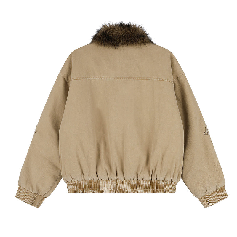 Fur Collar Bomber Jacket with Gothic Letter Embroidery & Quilted Lining