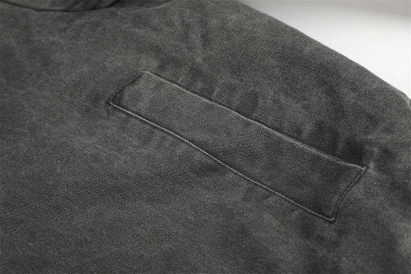 Moto-Inspired Workwear Jacket – Irregular Button Placket, Contrast Collar