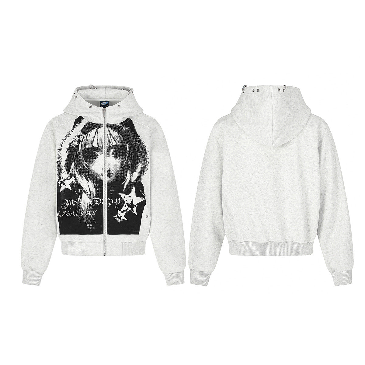 Sudadera gris corta con cremallera, gráfico anime y detalle de anillas metálicas