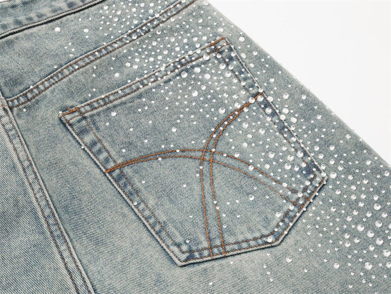 Men's Straight Leg Jeans with All-Over Rhinestone Embellishment – Wide Leg