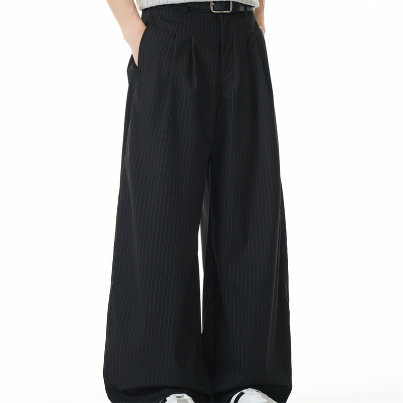 Pinstripe Wide-Leg Trousers – Double-Pleat High-Street Dress Pants