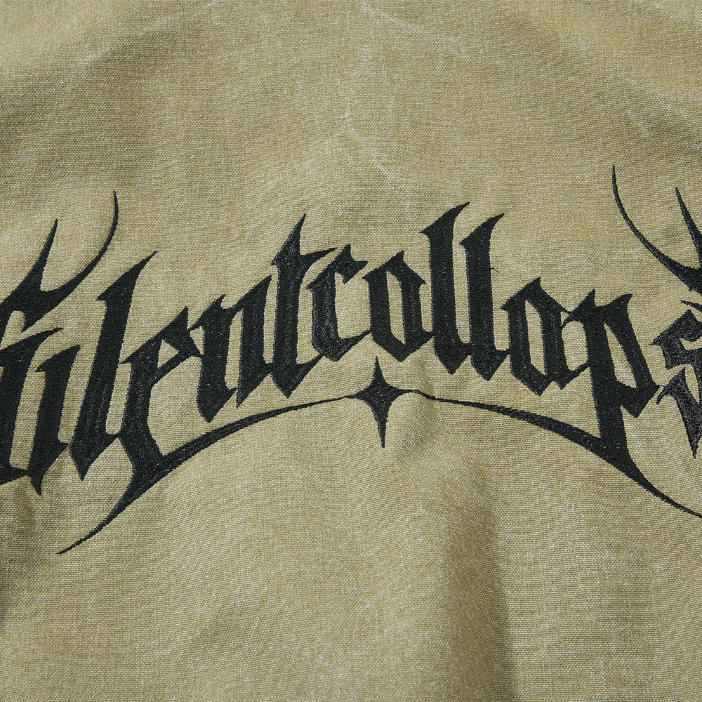 Gothic Letter Embroidered Cargo Bomber Jacket – Stand Collar, Multi-Pocket