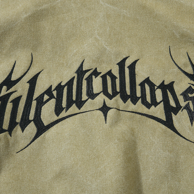 Gothic Letter Embroidered Cargo Bomber Jacket – Stand Collar, Multi-Pocket