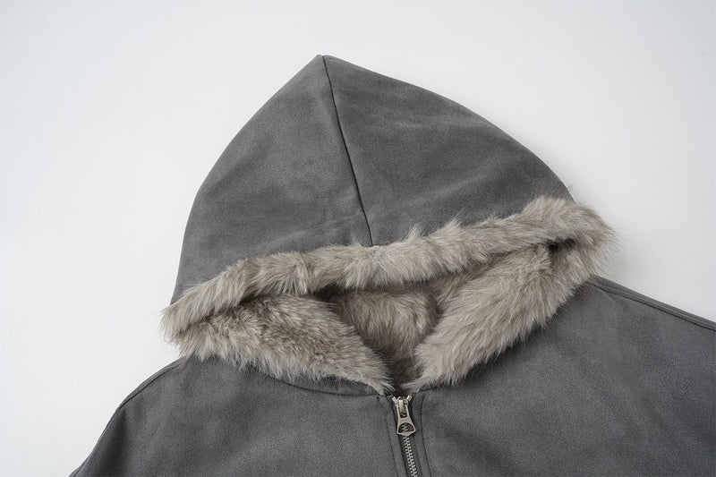 Bomber en suédine avec capuche en fausse fourrure – Manteau d’hiver oversize