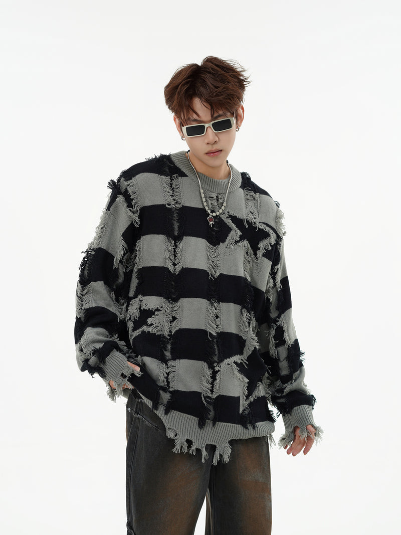 Pull oversize en maille rayée à étoiles délavée – Col rond à franges