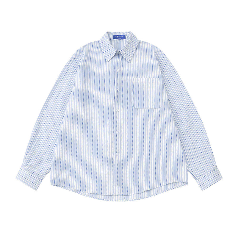 Blue Striped Long Sleeve Shirt Men – Oversized Relaxed Fit Button-Up