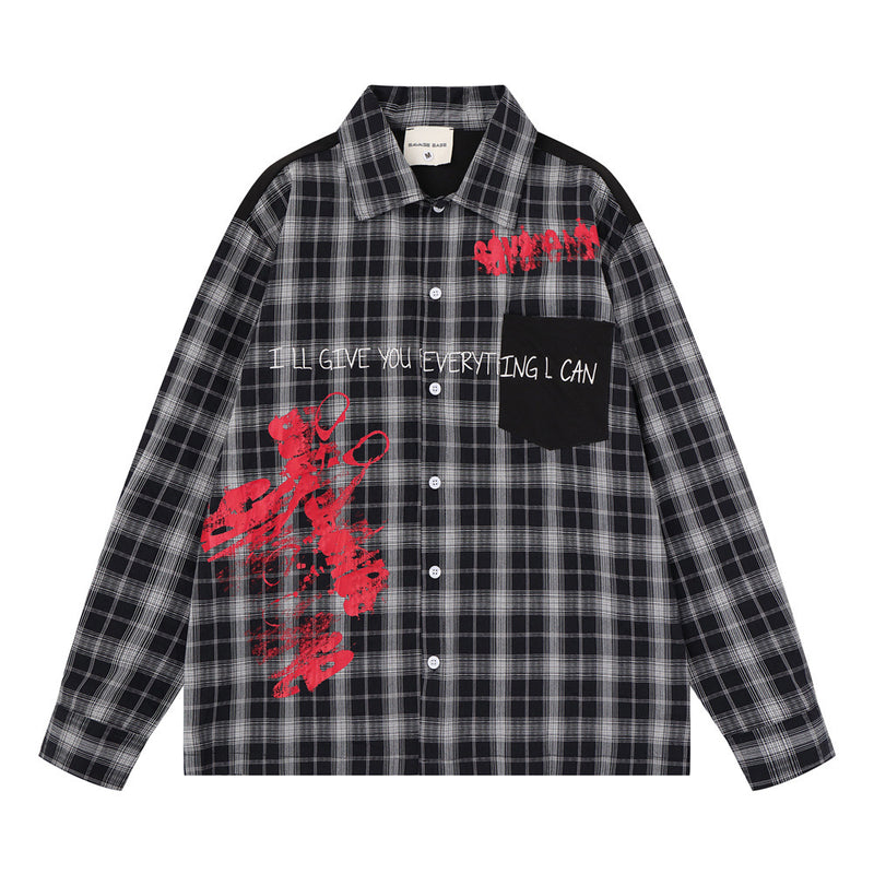 Camisa informal de botones para hombre – Estampado de graffiti a cuadros, estilo punk urbano de manga larga