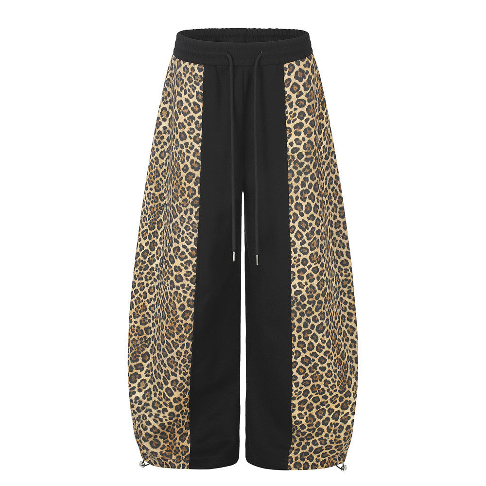 Men's Leopard Print Wide-Leg Sweatpants – Black Colorblock Oversized Street