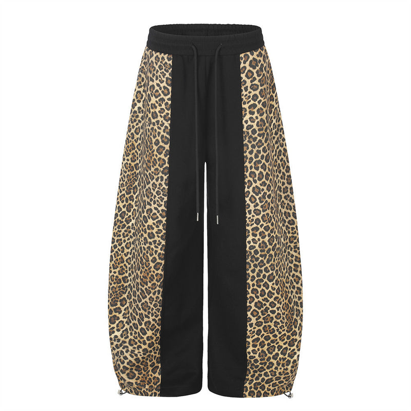 Men's Leopard Print Wide-Leg Sweatpants – Black Colorblock Oversized Street