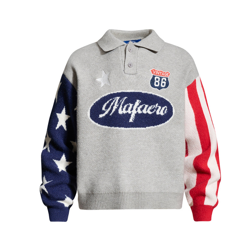 Mafareo Vintage 86 American Flag Polo Collar Knit Sweater – Stars & Stripes