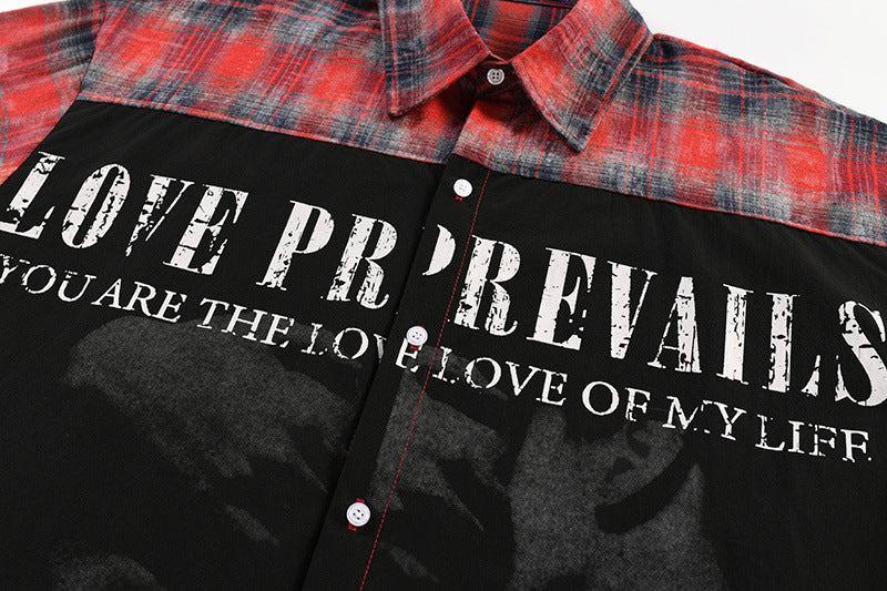 Long Sleeve Button Shirt – Plaid Patchwork Graphic Print Oversized Flannel
