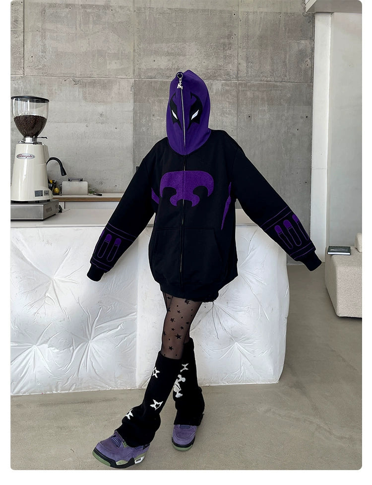 Dark Hero Hoodie - 400GSM Oversized Black and Purple Superhero Zip-Up Sweatshirt