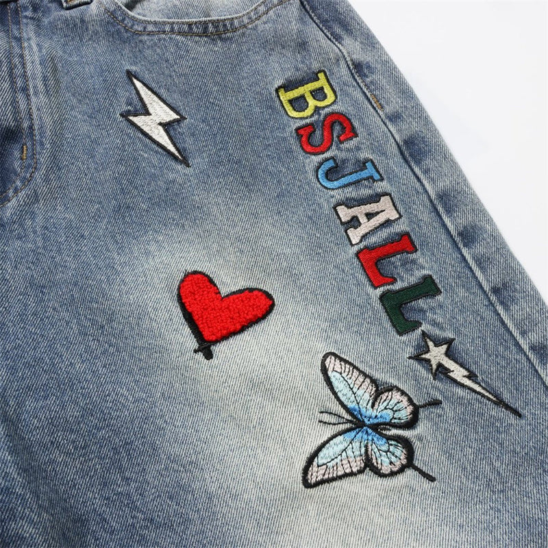 Wide-Leg Jeans with Embroidered Patches – Stars, Butterflies & Roses on Washed