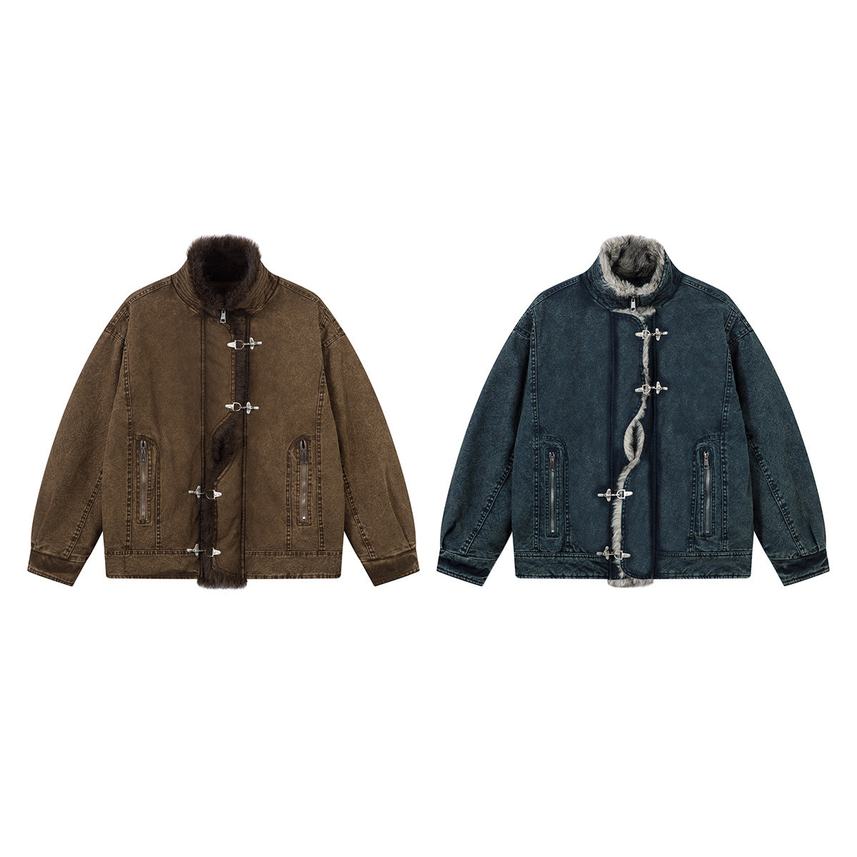 Sherpa Lined Denim Jacket with Fur Collar & Toggle Clasps