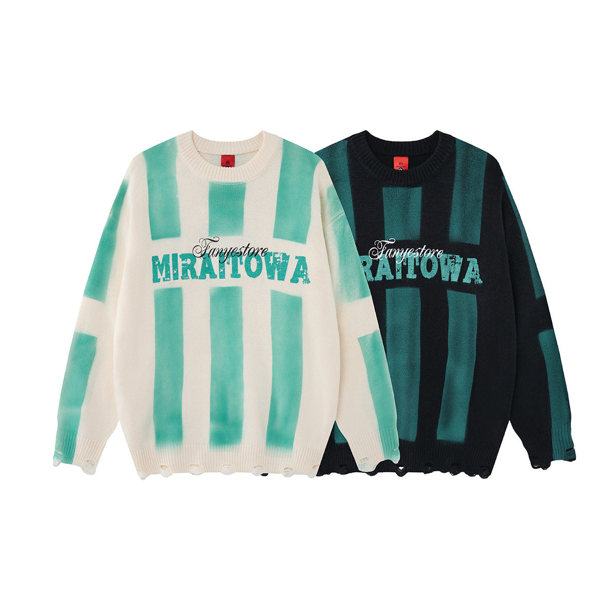 Pull en maille rayé et délavé – Col rond oversize, streetwear vintage américain