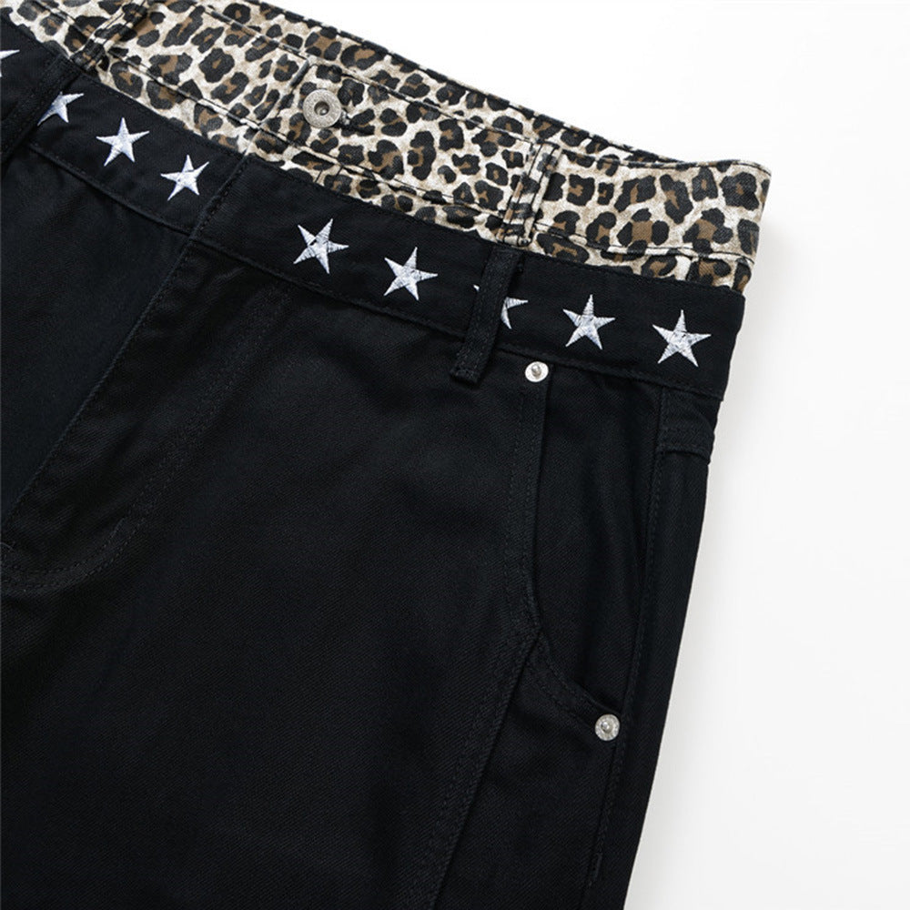 Jean wide leg avec ceinture contrastante léopard et broderie étoile – Noir homme