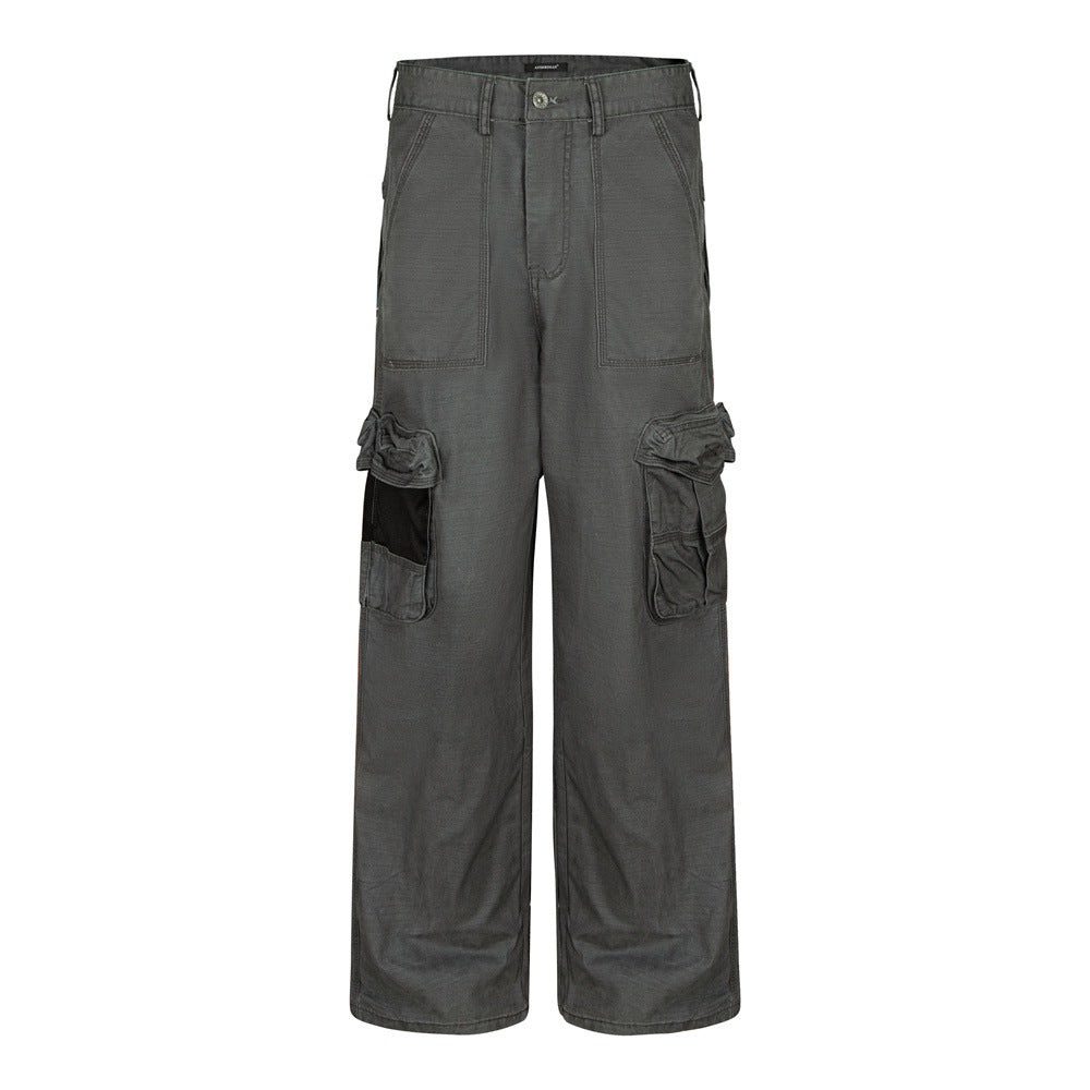 Herren-Wide-Leg-Cargohose – Grau, Gerader Fit mit mehreren Taschen