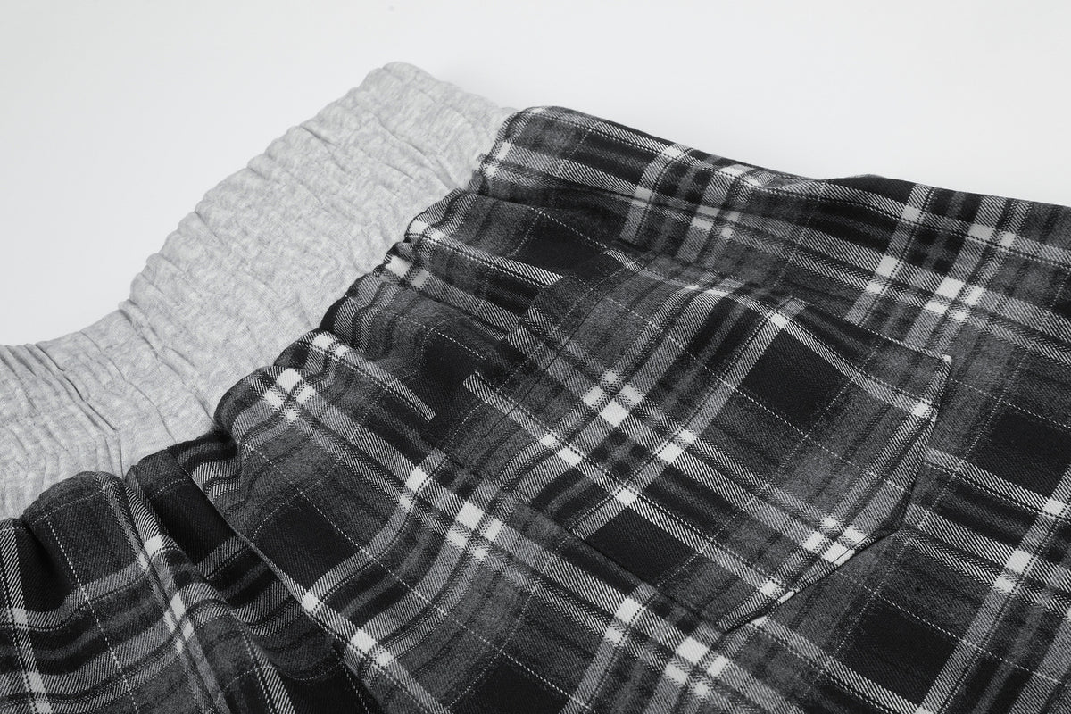 Plaid Wide-Leg Sweatpants with Drawstring Waist & Script Graphic