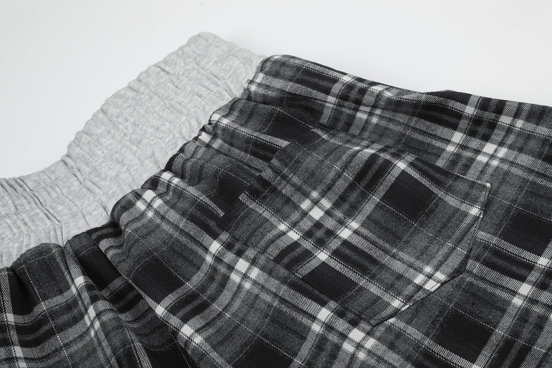Plaid Wide-Leg Sweatpants with Drawstring Waist & Script Graphic