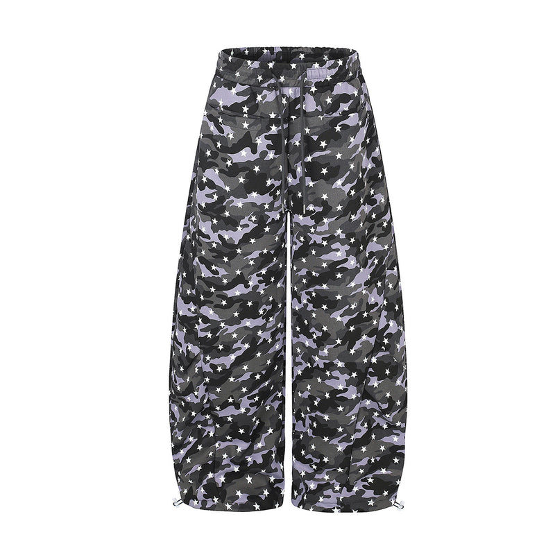 Camo Baggy Cargo Pants – Star Print Wide-Leg Parachute Trousers