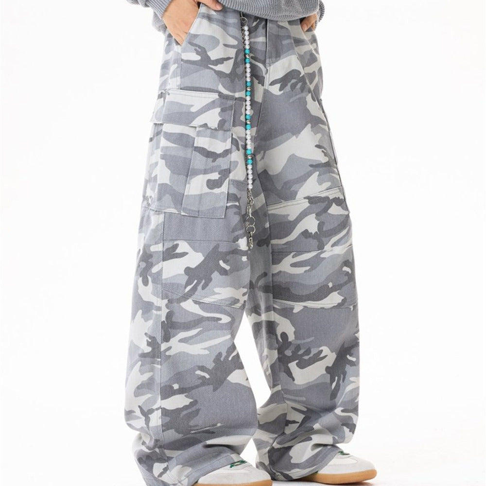 Mens Baggy Cargo Jeans Wide Leg White Camo Pants