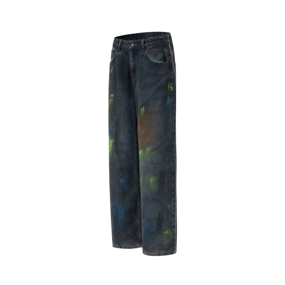 Baggy Paint Splatter Jeans Men – Wide Leg Grunge Denim Straight Pants