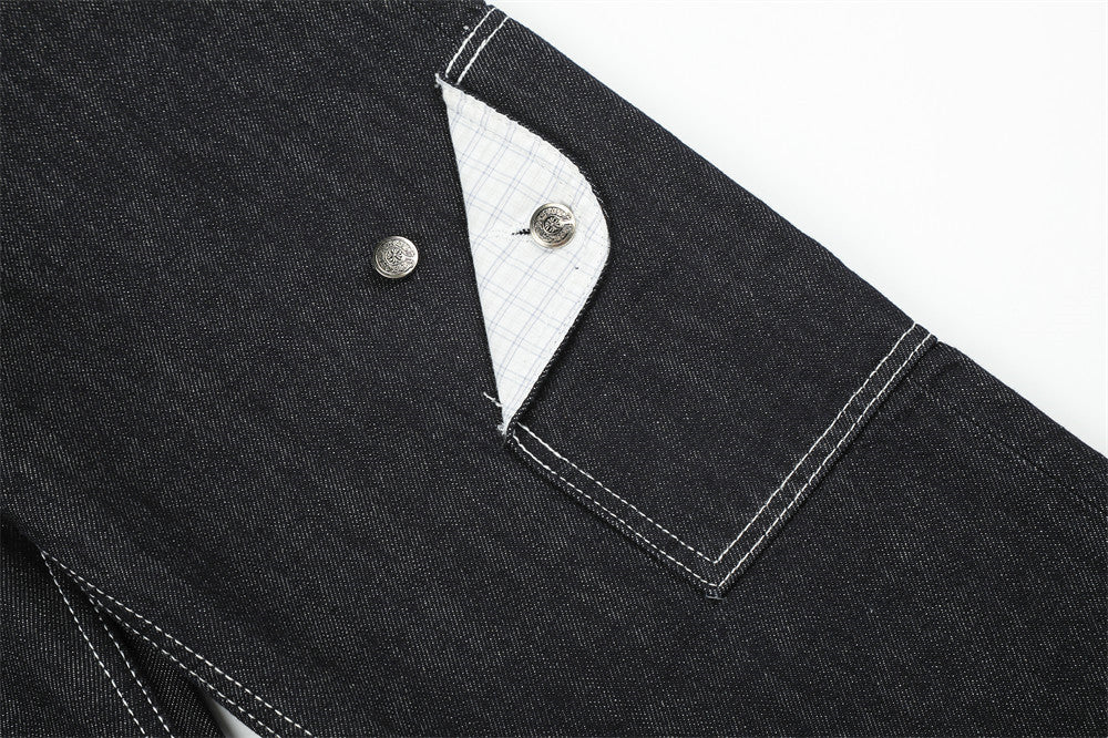 Herren Straight-Fit-Jeans – Wide-Leg-Rohdenim mit diagonalem Knopfverschluss und Karomuster