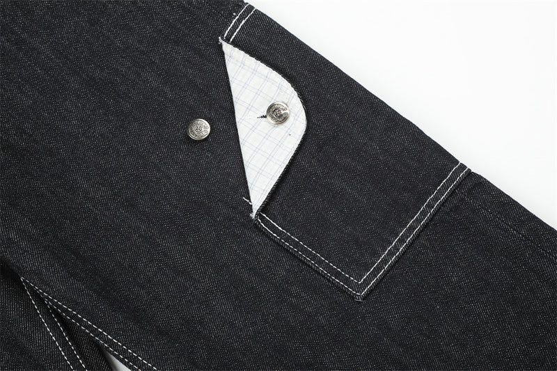 Herren Straight-Fit-Jeans – Wide-Leg-Rohdenim mit diagonalem Knopfverschluss und Karomuster