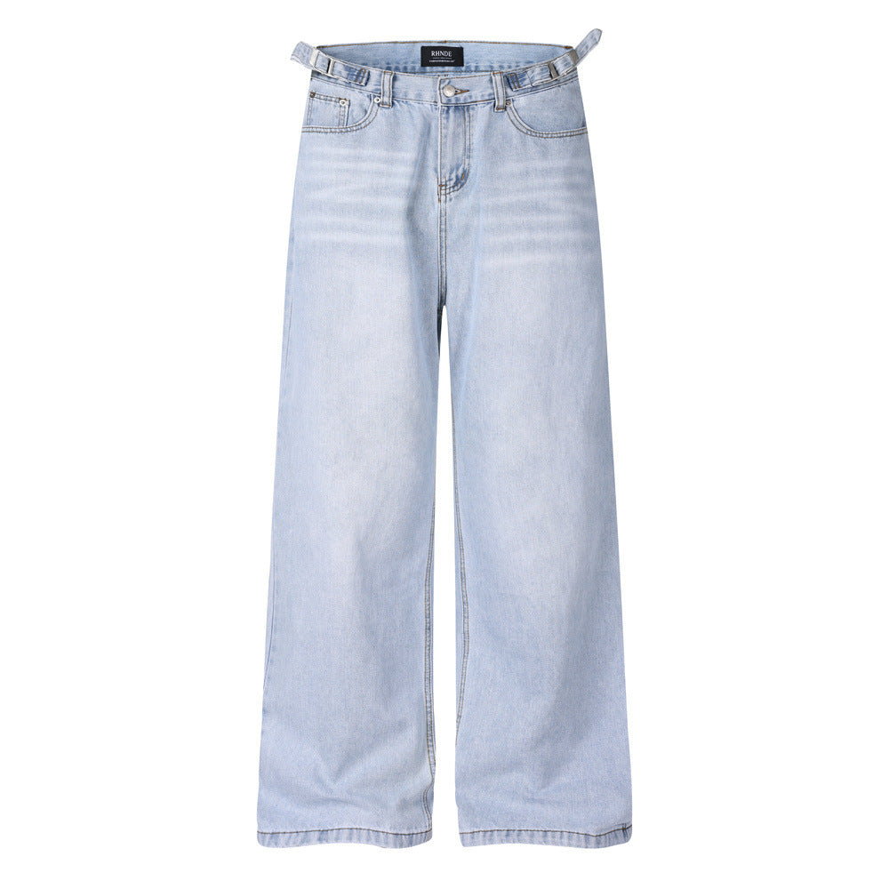 Vaqueros baggy de pierna ancha y recta para hombre Rhnde, en azul hielo con lavado vintage claro, vista delantera y trasera