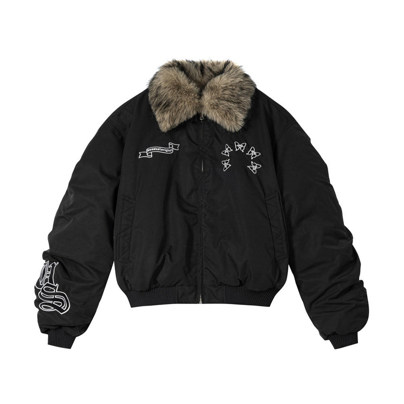 Blouson bomber homme à col en fourrure – Broderies papillons et manches froncées