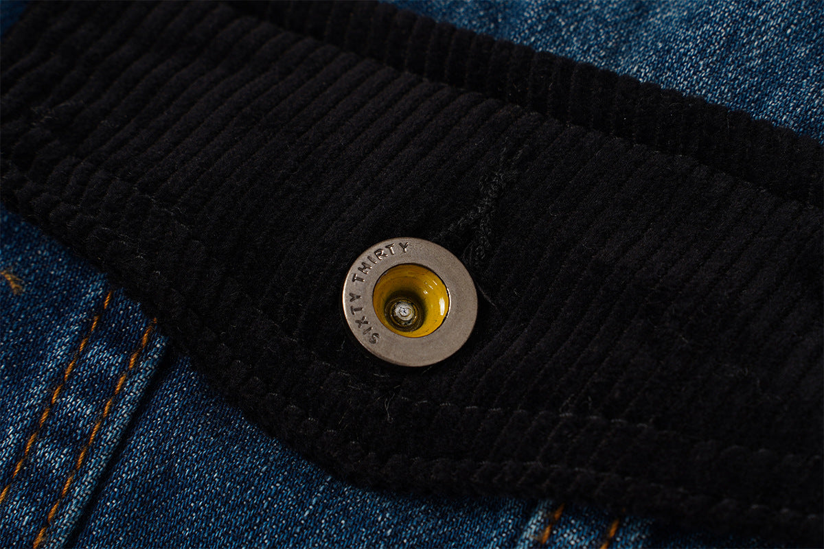Veste en jean homme délavée avec col et poignets en velours côtelé