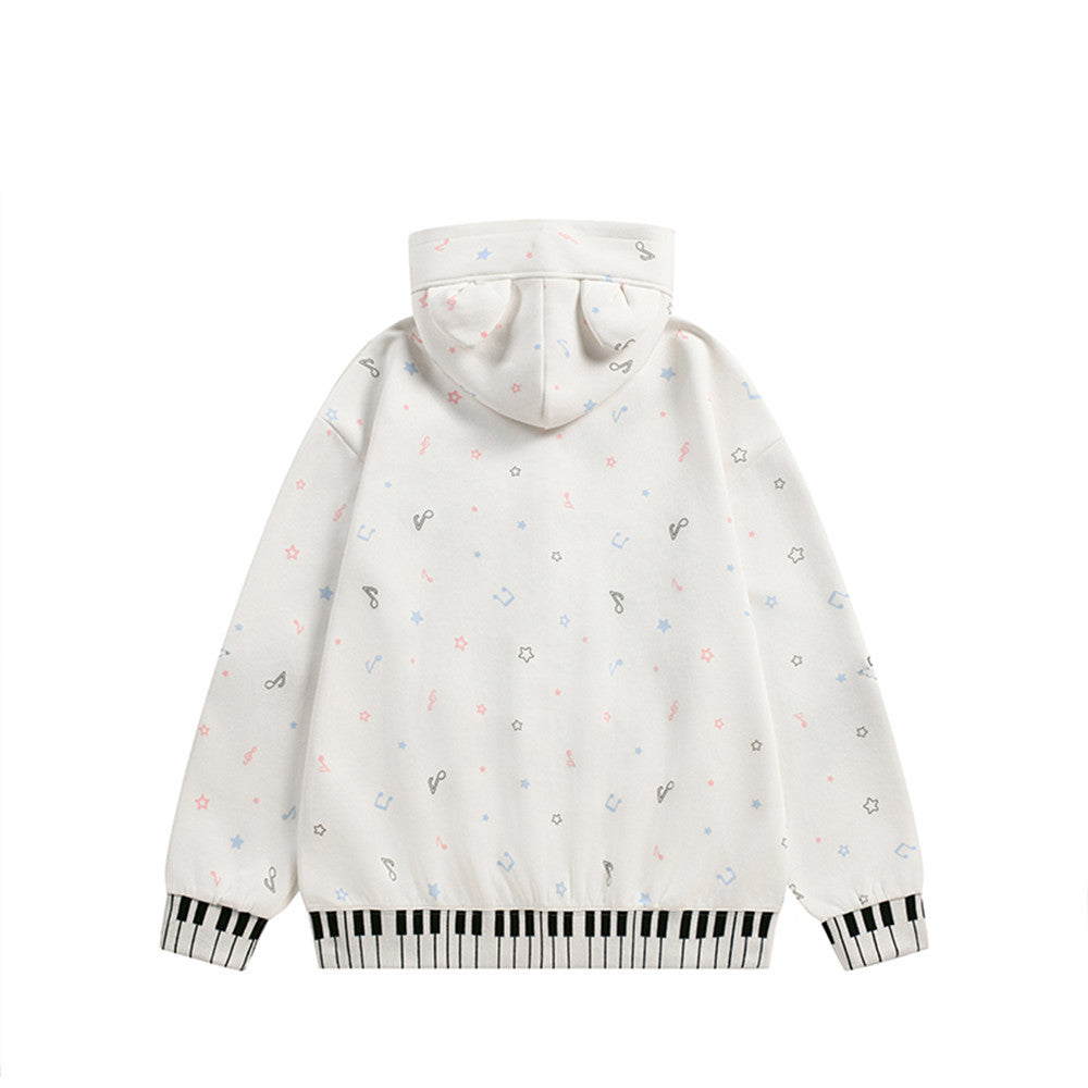 Cat Ear Zip-Up Hoodie with All-Over Music Note & Cartoon Print